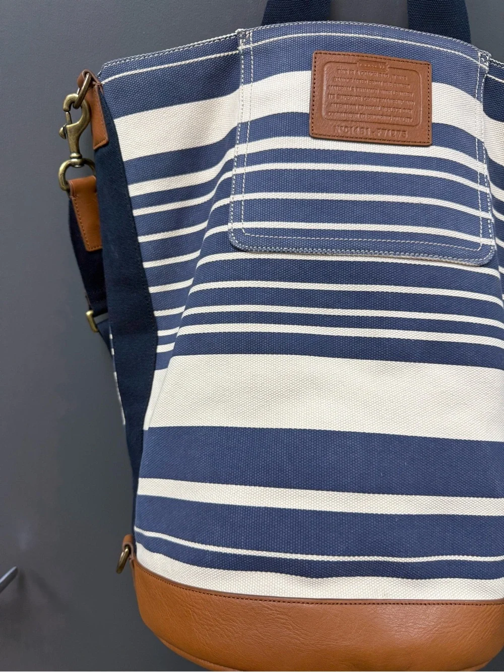 Coach Heritage Beach Navy and White Striped Canvas Backpack with Brown Trim
